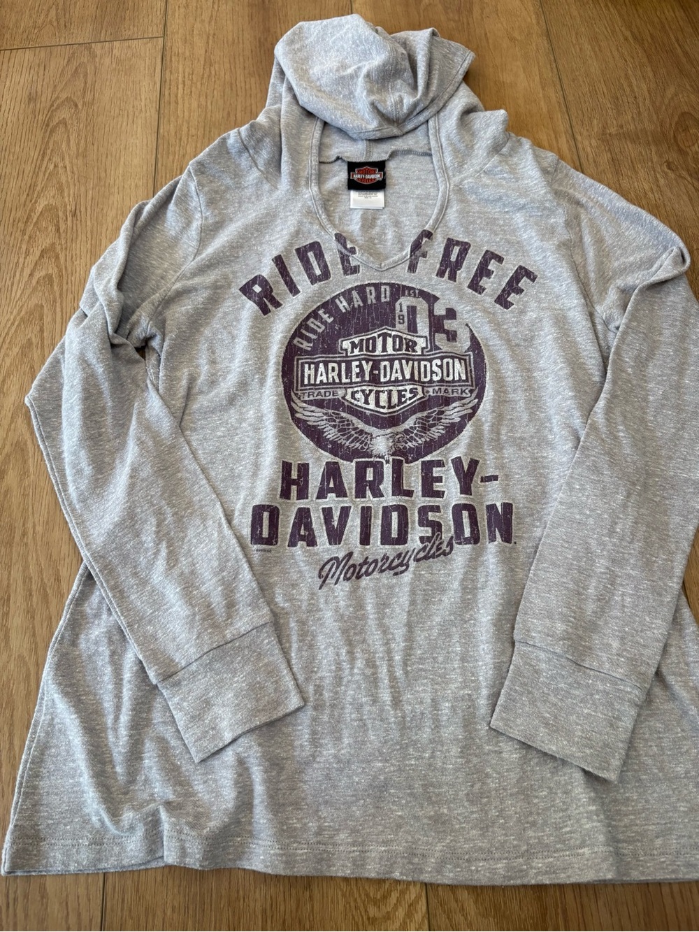 Women Harley Davidson Long Sleeve Tshirt Good Purple Lettering Gray Smyrna DE